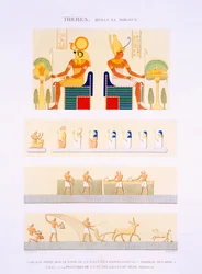 Illustrationen von bemalten Tafeln und Wandgemälden von den Harfen aus dem 5. Grab der Könige des Ostens, Tafel 90 aus Band II von 